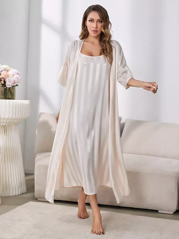 Women's Pajamas Robe Set Sexy Sling Sleepwear Dress Silk Like Homewear Luxury Strip Print Bathrobe 2pcs Suit Home Clothes Femme