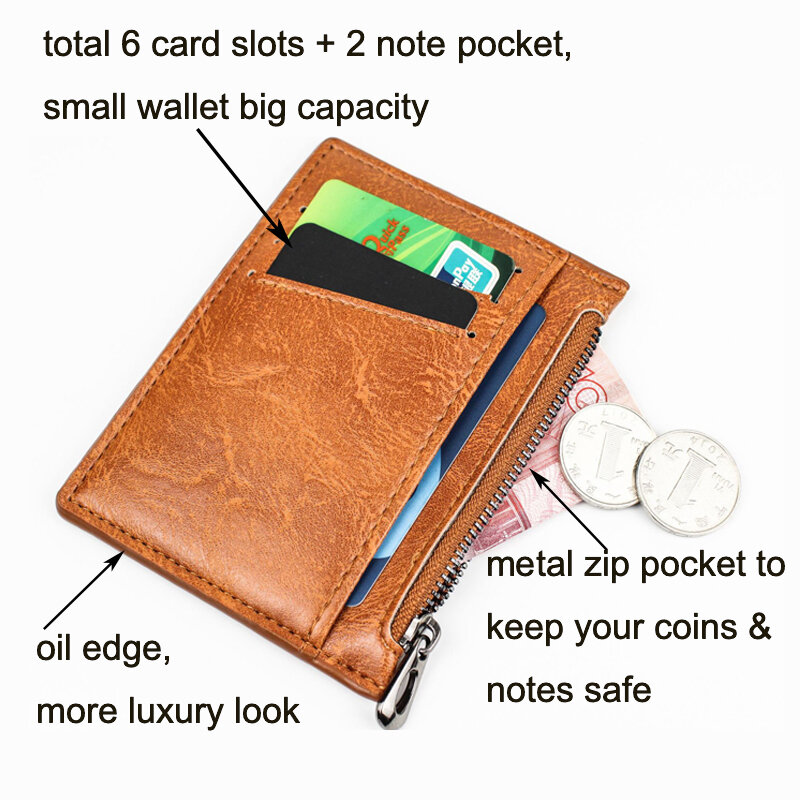 슬림 지퍼 신용 카드 홀더 빈티지 가죽 남성용 미니 짧은 지갑 작은 동전 지갑 개인화