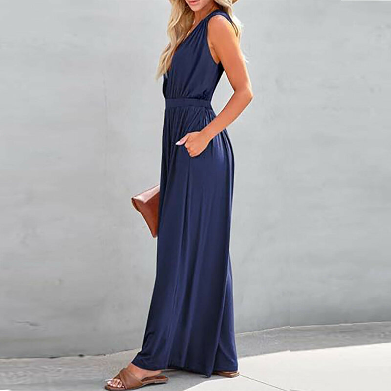 New High Waist Backless Pleated Office Romper Women Casual Solid Color V Neck Jumpsuit Sexy Sleeveless Simple Tank Straight Pant