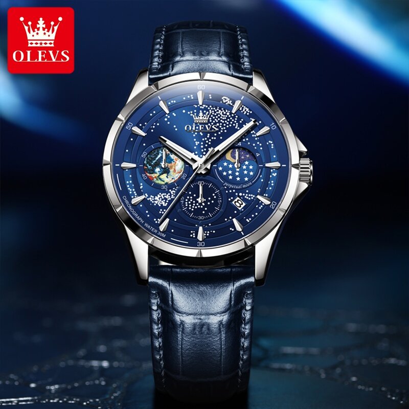 OLEVS jam tangan Quartz kronograf pria, jam tangan olahraga tahan air bercahaya multifungsi 24 jam fase bulan mewah