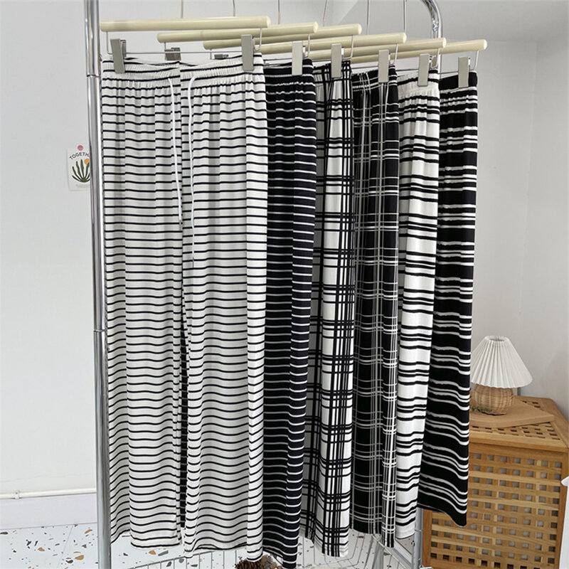 Pantalones holgados de cintura alta para mujer, pantalón informal de rayas laterales rectas, blanco y negro, coreano, Verano