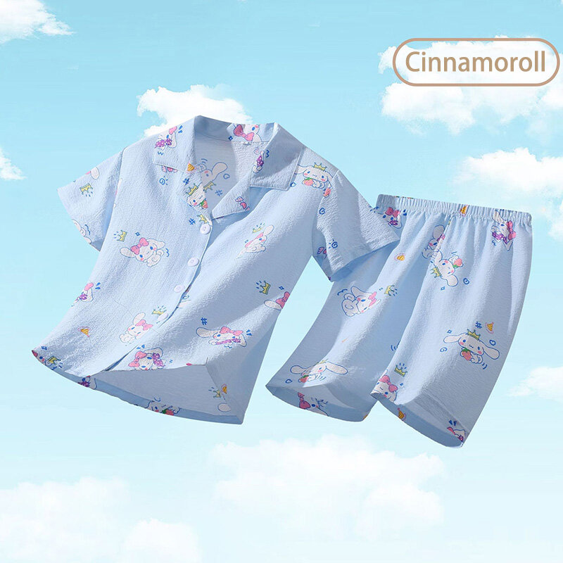 Summer Children's Pajamas Sets Cute Anime Cinnamoroll Kuromi My Melody Kids Cardigan Short Sleeve Sleepwear Girls Boys Homewear