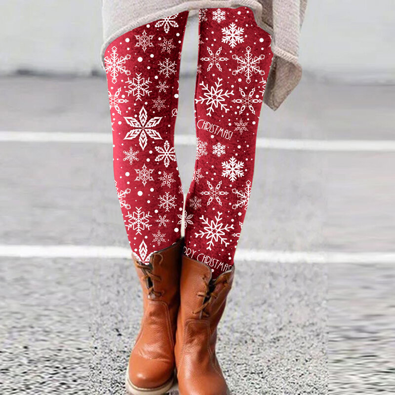 Calça de Natal impressa elástica para mulheres, calças finas, bota longa, calças elásticas casuais, exercício Navidad, roupas esportivas, calças justas