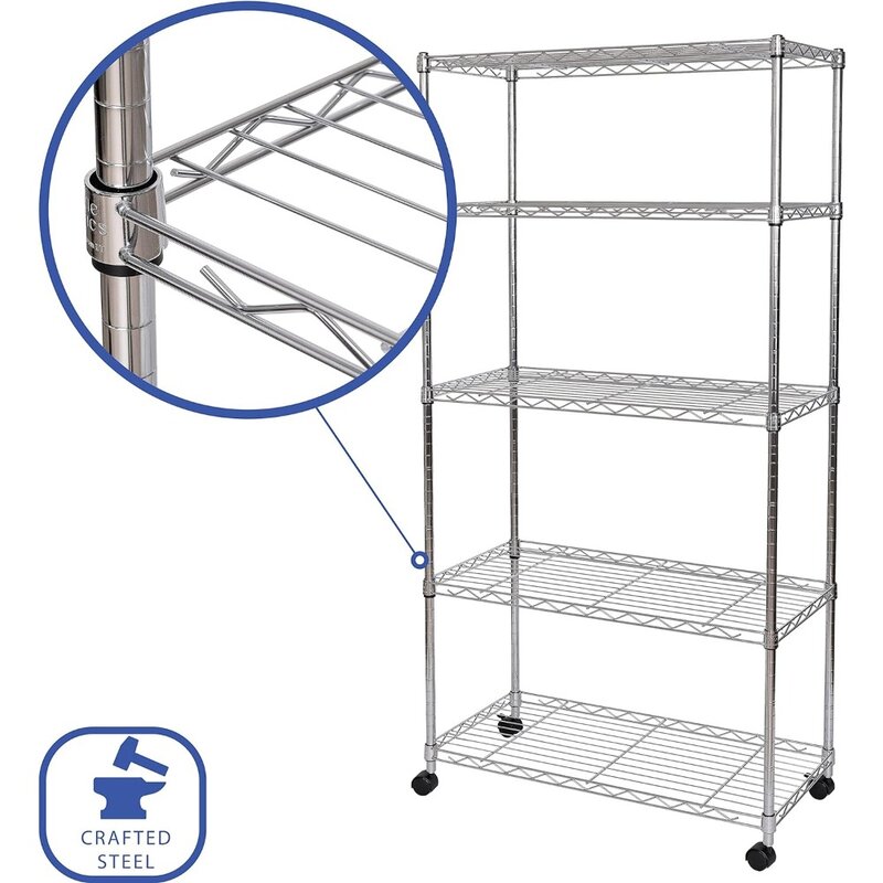 Sevilla Irritation Ics 5-Tier Wire Shelmeted with Wheels, 5-Tier, 30 "W x 14" D, Chrome Plating, Plated Steel, New Model