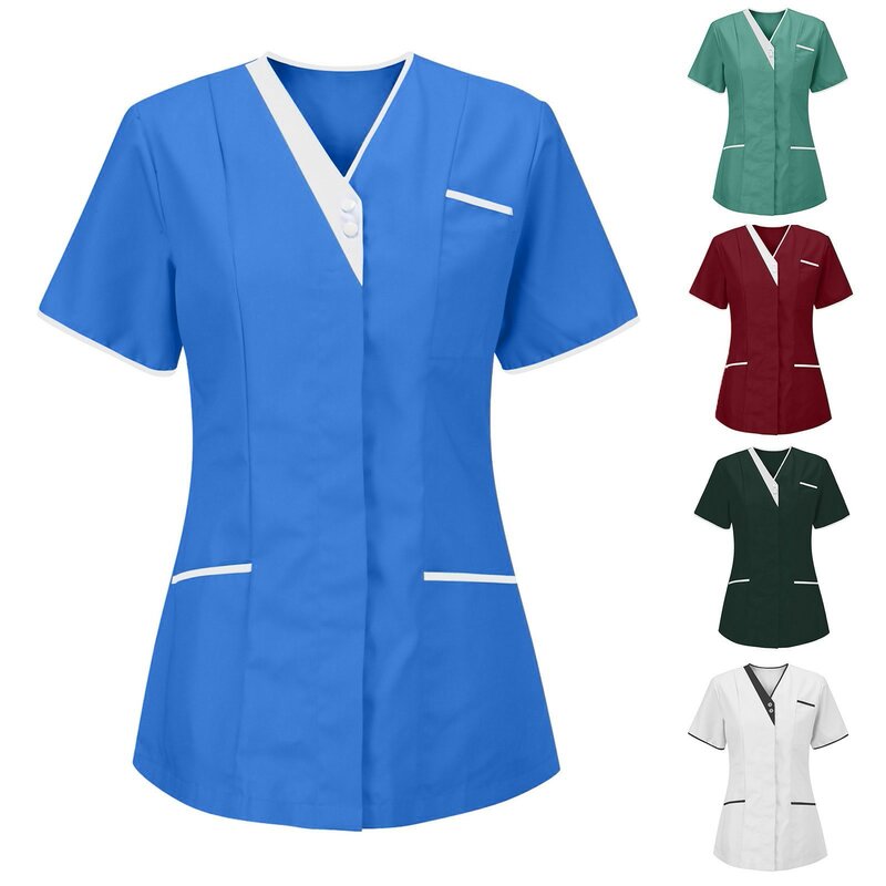 Verpleegkundige Effen Uniform Vrouwen Pocket Scrub Tops Korte Mouw Blouse Spa Salon Overalls Medische Tandheelkundige Dierenverzorger Uniformen