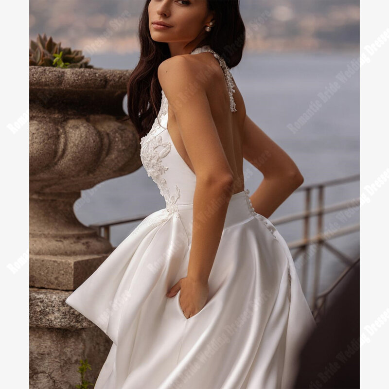 섹시한 단색 브이넥 여성용 웨딩 드레스, 심플한 밝은 새틴 표면, 푹신한 A라인 가운, 걸레질 길이 공주 드레스