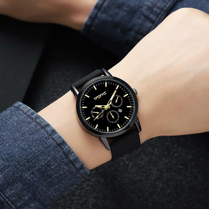 Jam tangan pria, arloji Quartz gaya dengan tiga panggilan kecil tali kulit palsu dapat disesuaikan akurasi tinggi untuk bisnis untuk pria