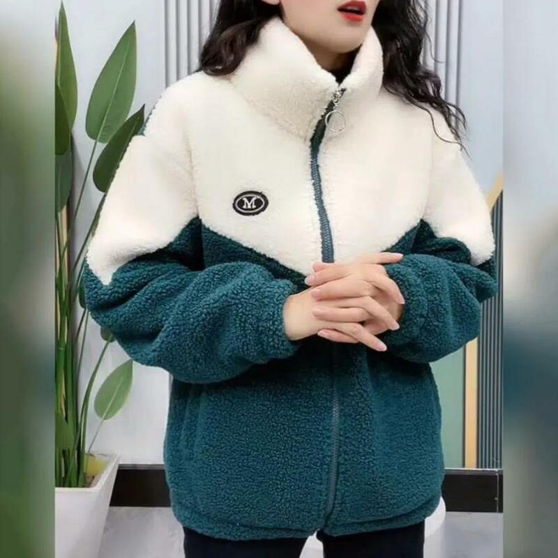 Jaqueta de cordeiro gola Stand feminino, cardigã casual, casaco de algodão, cor combinando, jaqueta senhora quente, inverno