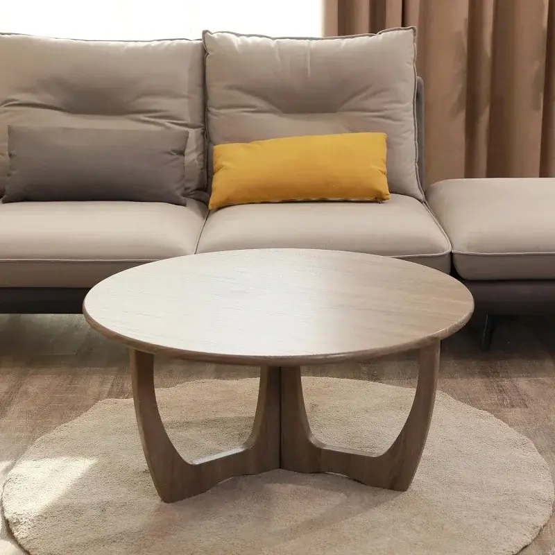 Finecasa-木製の丸いコーヒーテーブル、湾曲した脚、アクセントのソファ、リビングルームのテーブル、家の装飾、36x18インチ、自然