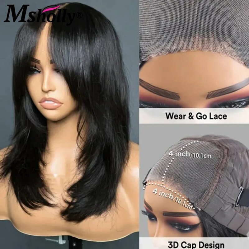 Inspired Layers With Curtain Bangs Wavy Wig Glueless Human Hair Wigs 4x4 Lace Closure Wig Brazilian Remy Tangle-free Hair Wigs