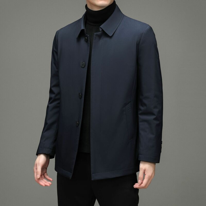 2024 남성용 비즈니스 캐주얼 라펠 다운 재킷, 싱글 브레스트, 중간 길이, 따뜻한 다운 재킷
