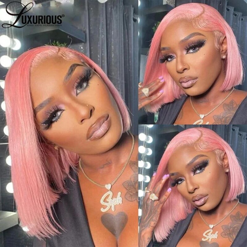 Парик розовый с предварительно выщипанным 13 × 4, парик на прозрачной сетке, короткие прямые парики боб для черных женщин, бразильские натуральные волосы Remy, парик из человеческих волос
