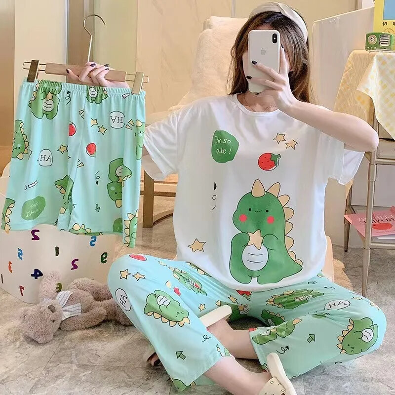 Pijama de tres piezas para mujer, ropa de maternidad de manga corta, holgada, talla grande, para el hogar, conjunto de ropa de lactancia