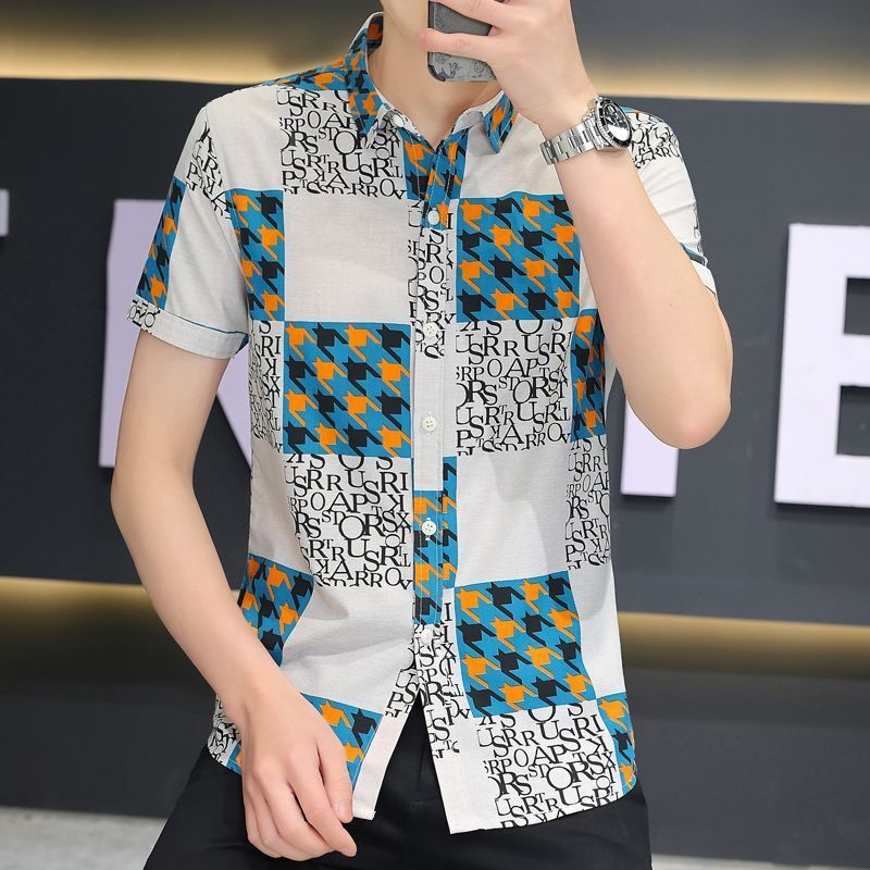 Fashion Lapel Printed Letter Houndstooth Shirts Men's Clothing 2024 Summer New Loose Casual Short Sleeve Tops Korean Shirts