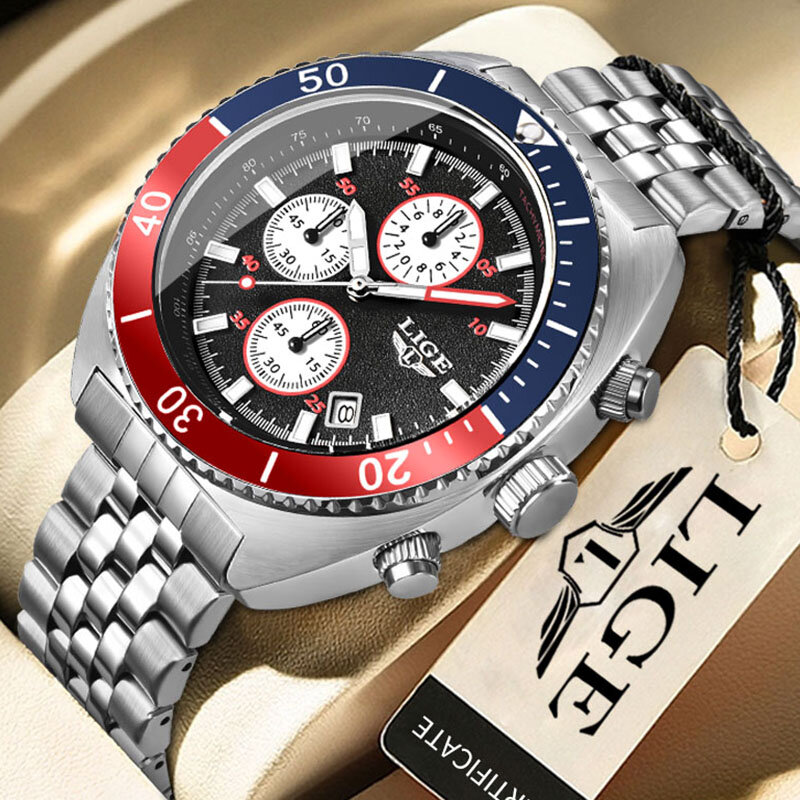 LIGE 남성용 오리지널 스포츠 쿼츠 시계, 풀 스틸 방수 크로노그래프 손목시계, 탑 브랜드