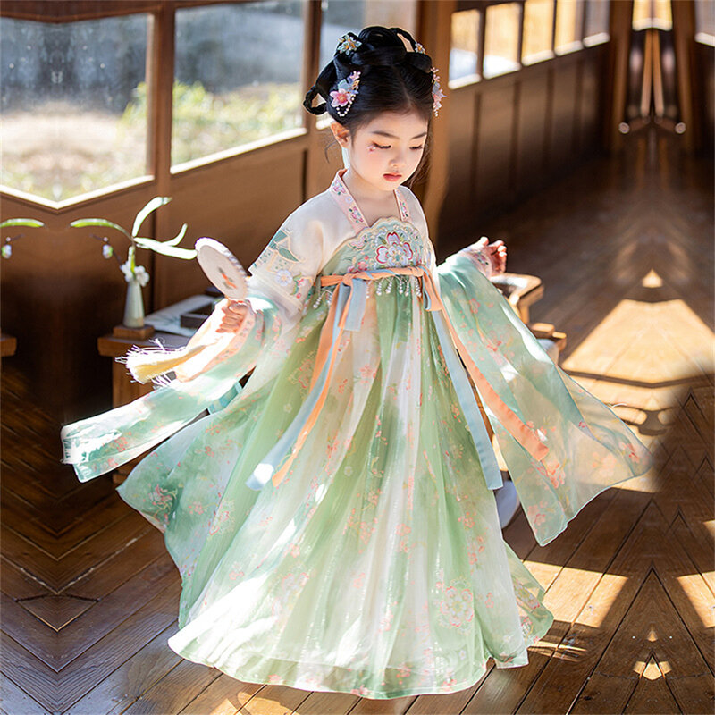 Meisjes Hanfu Lente Zomer Nieuw Oud Kostuum Chinese Traditionele Prinses Jurk Kinderen Geborduurde Tang Pak Fee Kleding