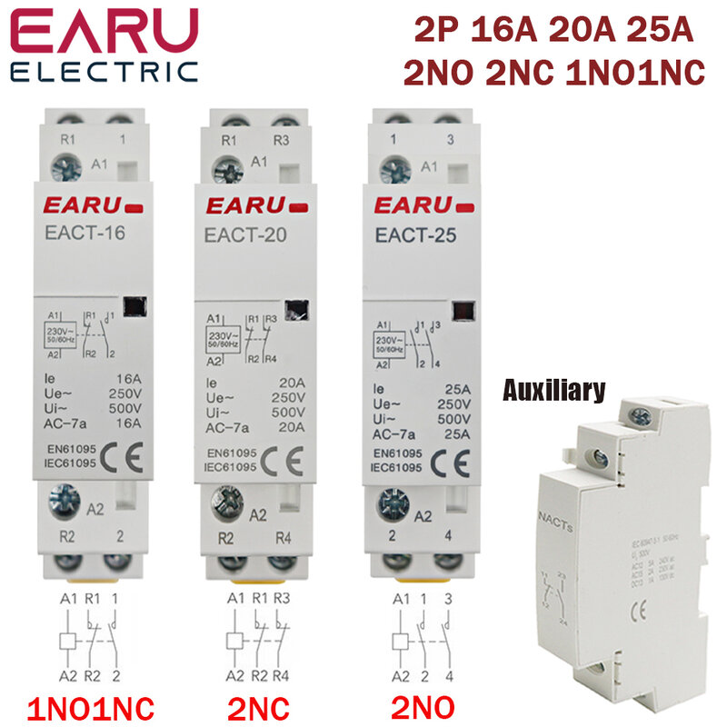 Din 레일 장착 가정용 모듈식 AC 접촉기, 스마트 홈 하우스 호텔용, AC220V, AC230V, 2P, 16A, 20A, 25A, 2NC, 2NO, 1NO1NC, 50Hz, 60Hz