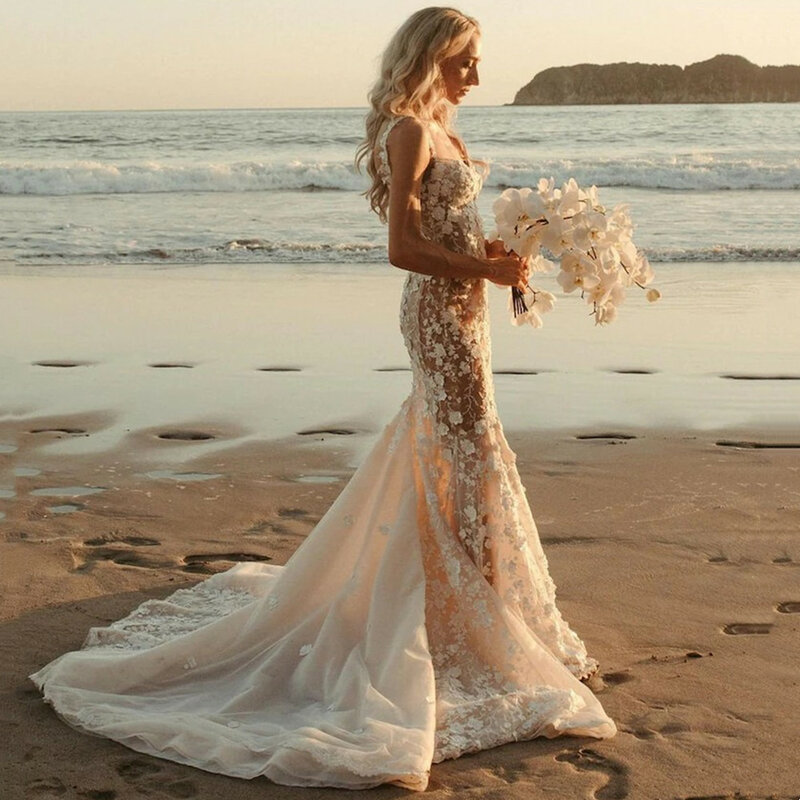 Gaun Pengantin Putri Duyung Seksi YunShang dengan Renda Applique 3D Gaun Pengantin Tanpa Lengan Pantai Tanpa Lengan Jubah Kereta Api Ritsleting De Mariee
