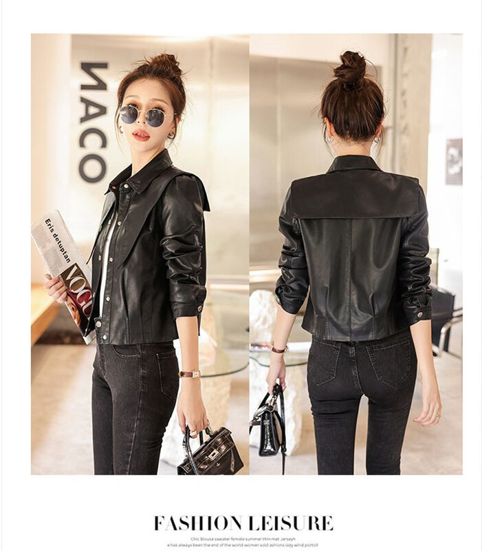 Loose Polo Collar Leather Jacket Women's Spring and Autumn Versatile Short Leather Jacket Motorcycle Casual top Leather Jacket