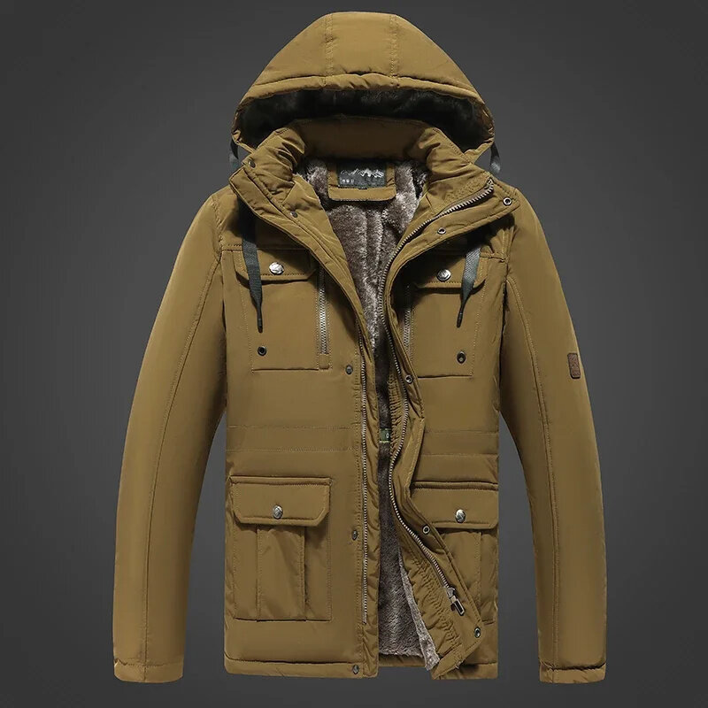 Winter Parkas Men Fleece Warm Jacket Multiple Pockets Thick Windbreaker Solid Color Windproof Coat Black Male Chaquetas
