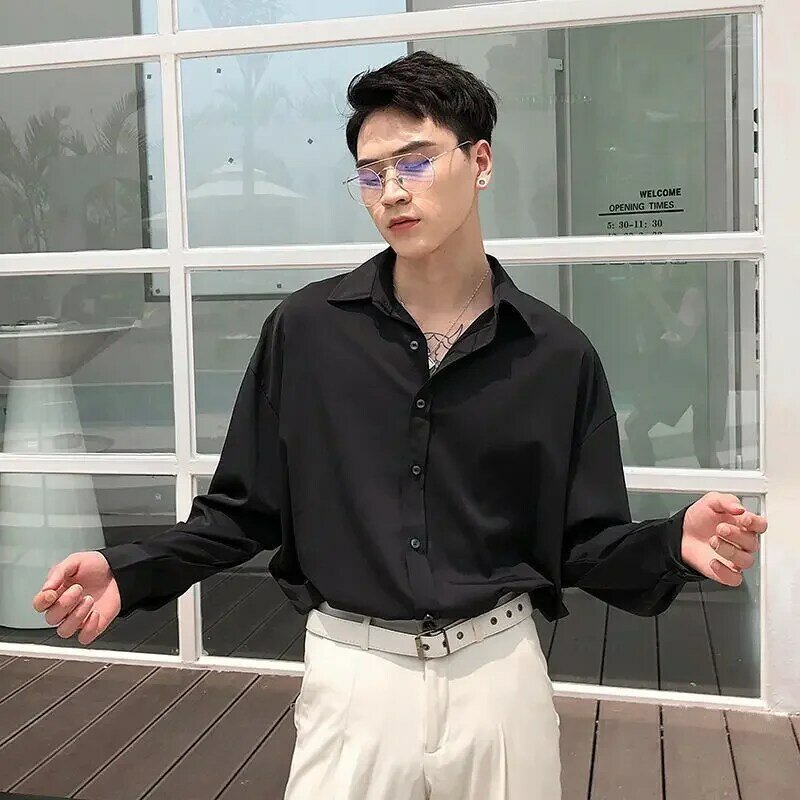 Camisa masculina de seda gelo, cor sólida, Harajuku, sem ferro, solta, com botões casuais, moda coreana, luxo