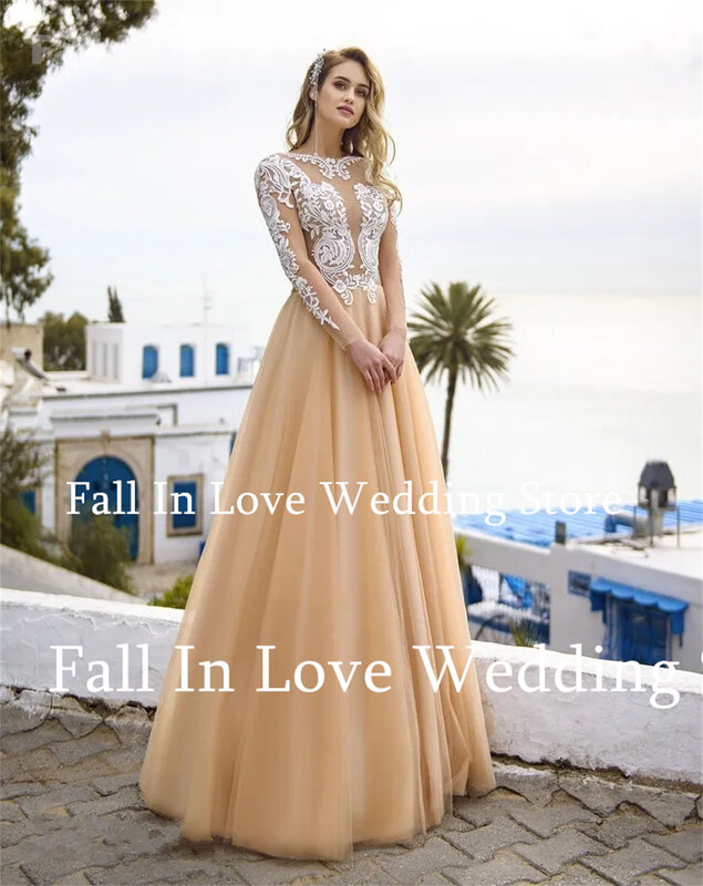 Fall In Love Champagne Wedding Dress O-Neck Long Sleeves Lace Appliques A-Line Tulle Floor-Length Bridal Gown New 2024 Vestidos