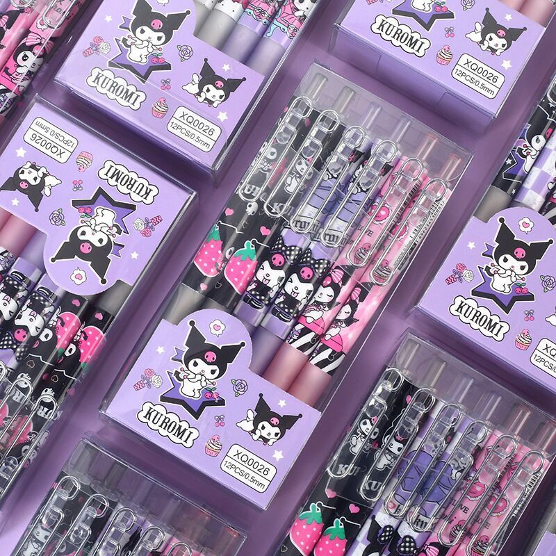 Sanrio 12pcs Cartoon Gel Pen Kawaii Hello Kitty Kuromi Cinnamoroll Stationery 0.5 Black With Metal Hook Office Write Cute Pens