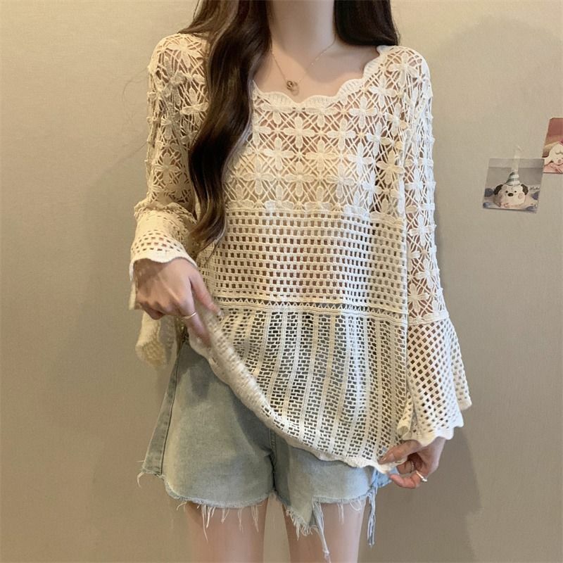 Women's New Autumn Pullovers Female V-Neck Solid Color Hollow Out Fashion Casual Loose Long Sleeve Knitted Sweaters Tops Q312