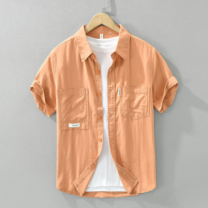 Camisa japonesa de manga corta para hombre, camisa informal con solapa y bolsillos dobles, 100% algodón, color albaricoque, moda juvenil, Verano