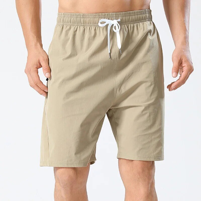 Shorts com cordão masculino, mala de tábua, calça curta de praia, calça fina, bolso com zíper, moletom solto, esportivo, sólido, verão