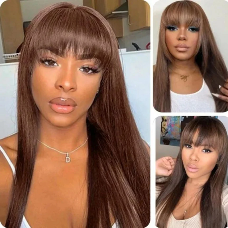 Chocolate Brown Straight Lace Front Human Wig With Bangs Glueless 13x6 HD Lace Frontal Colored 4# Cheap Hair Wigs With Bang 180%