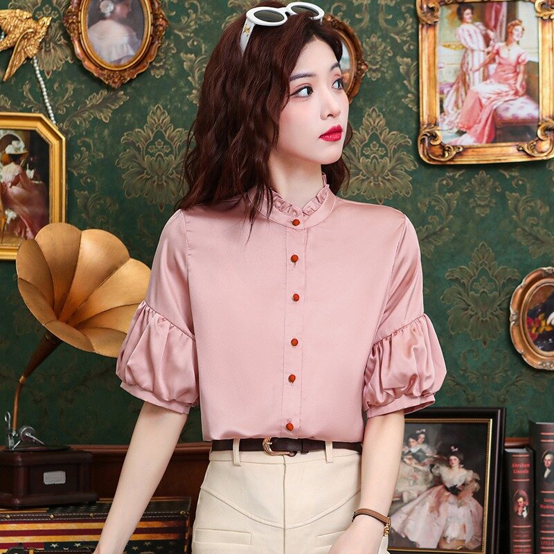 Шифоновая розовая Женская рубашка, летняя винтажная однотонная блузка, свободные женские топы с коротким рукавом и оборками, элегантная одежда YCMYUNYAN