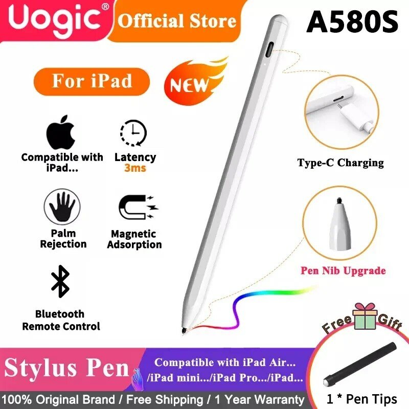 Stylet Uogic A580S pour iPad, stylo magnétique Rechargeable à rejet de paume, Compatible avec iPad launch 2018 – 2021 ou lat