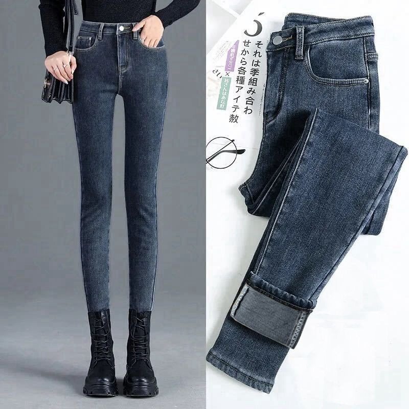 Calça jeans feminina de pelúcia fina, cintura alta, fina, elástica, pé pequeno, calça lápis, tendência, novo, primavera, outono, inverno, 2020