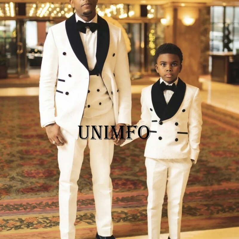 Biały król chłopcy garnitury na wesele szal Lapel Kids Birthday Party formalne pierścień okaziciela strój ojciec i syn (kurtka + spodnie + łuk))