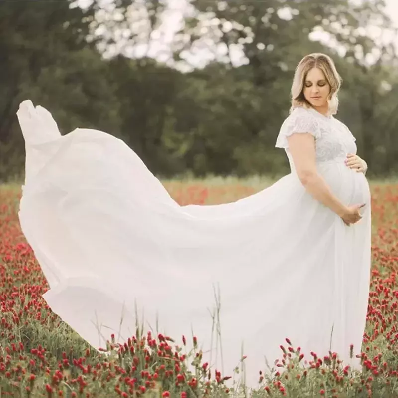 Baru gaun Trailing sifon renda ibu hamil wanita hamil musim semi musim gugur gaun Maxi fotografi Prop tembus pandang pakaian