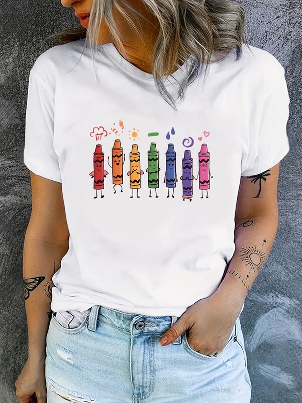 T-Shirt mit Buntstift druck, kurzärmliges, lässiges Oberteil mit Rundhals ausschnitt für Sommer und Frühling, Damen bekleidung