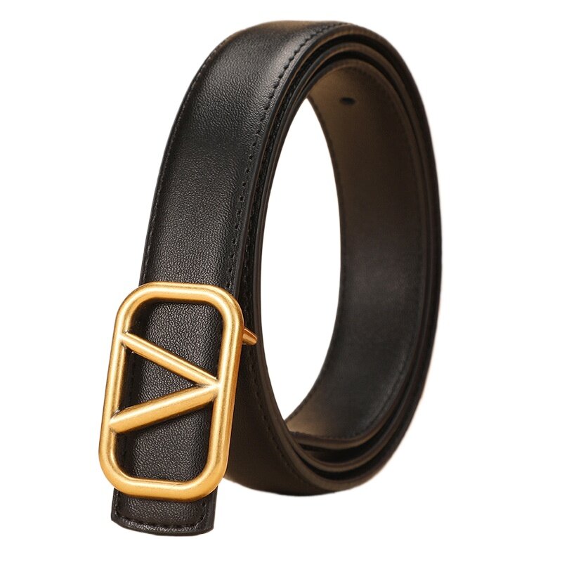 Classic V-family leather belt, high-end women's smooth buckle decoration, thin belt, antique copper buckle, V-letter versatile