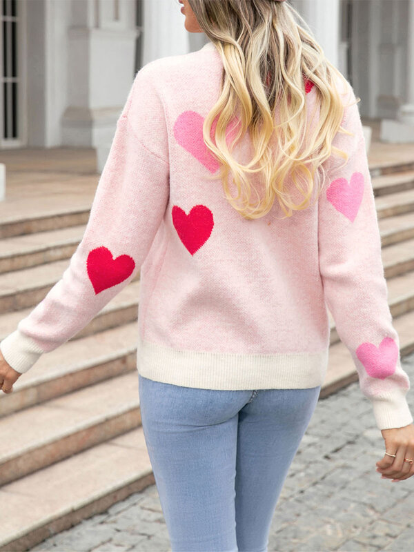 Women s Heart Print Sweaters Casual Long Sleeve Round Neck Loose Pullovers Valentine’s Day Knit Tops Streetwear