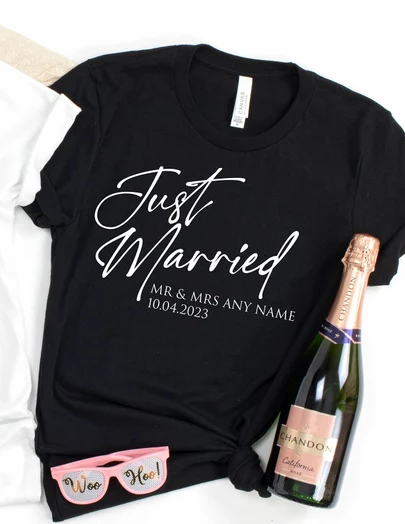 Just Married T-Shirt spersonalizowany mąż i żona pary miesiąc miodowy wreszcie dopasowana koszulka ślubna 100% bawełniana styl miejski goth y2k