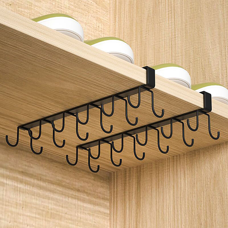 Punch-free Double-row Hooks Kitchen Cupboard Under Shelf Mug Cup Hanger Hook Iron Hanging Rack Holder Kitchen Cabinet Organizer