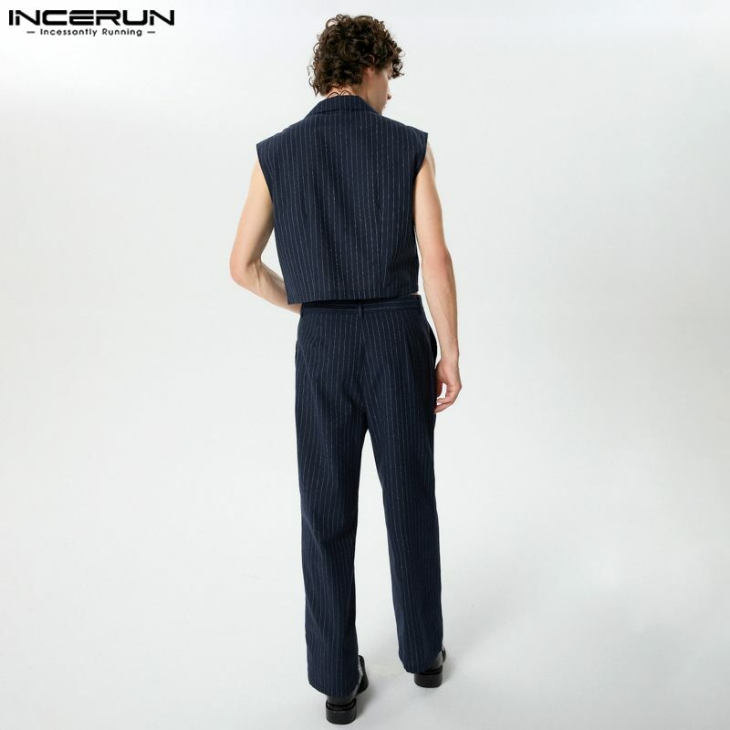 2024 Men Striped Sets Lapel Sleeveless Vests & Straight Pants 2PCS Streetwear Elegant Fashion Men's Casual Suits S-5XL INCERUN