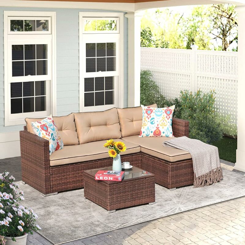 Zestaw mebli ogrodowych, zestaw sof z wikliny rattanowej na każdą pogodę, siedzenia ogrodowe w kształcie litery L z poduszkami