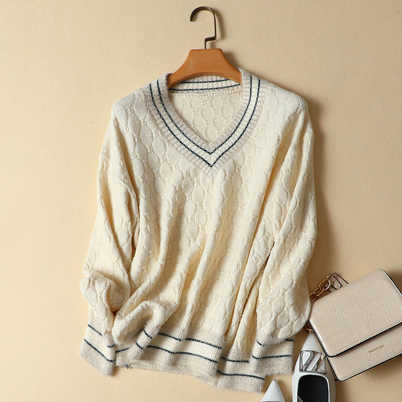2022 Autumn Winter New V-Neck Women Sweater And Pullovers Knitted Loose Thicken Warm Lady Elegant Pulls Fashion Tops