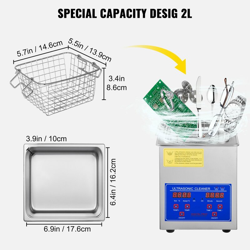 Ultrasonic Cleaner 2L Digital Ultrasonic Parts Cleaner with Timer 40kHz 304 Stainless Steel Ultrasonic Cleaning Jewelry Machine