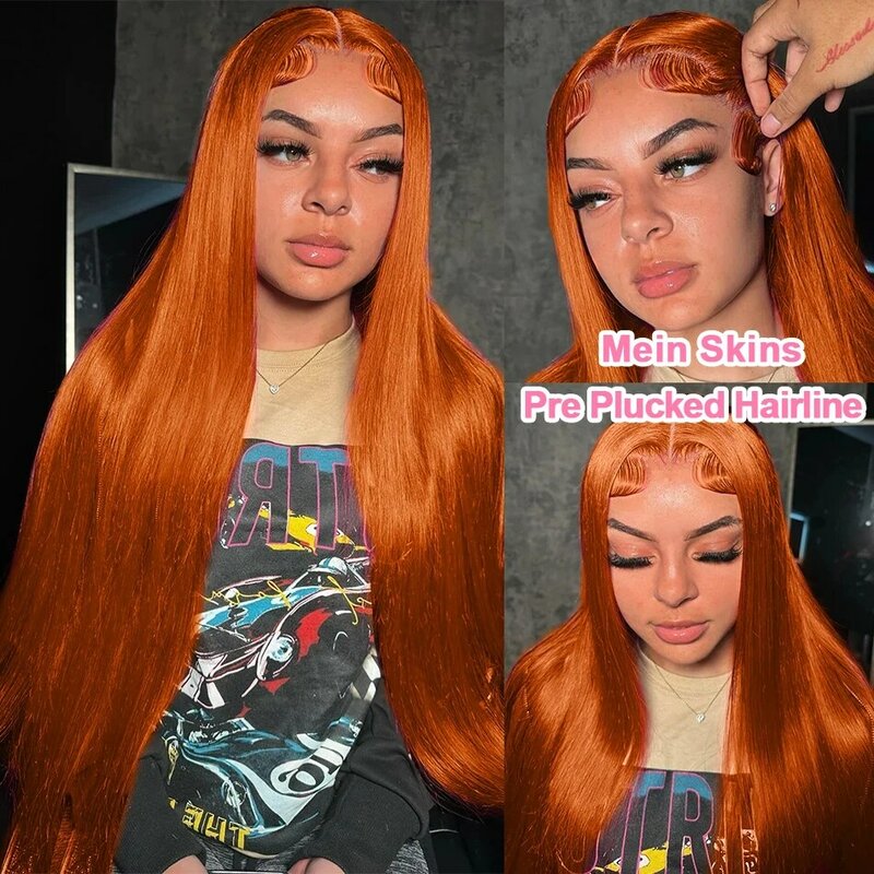 Peluca de cabello humano liso para mujer, postizo de encaje Frontal 13x4, Color naranja jengibre, brasileño, Remy, Hd, transparente, 13x6