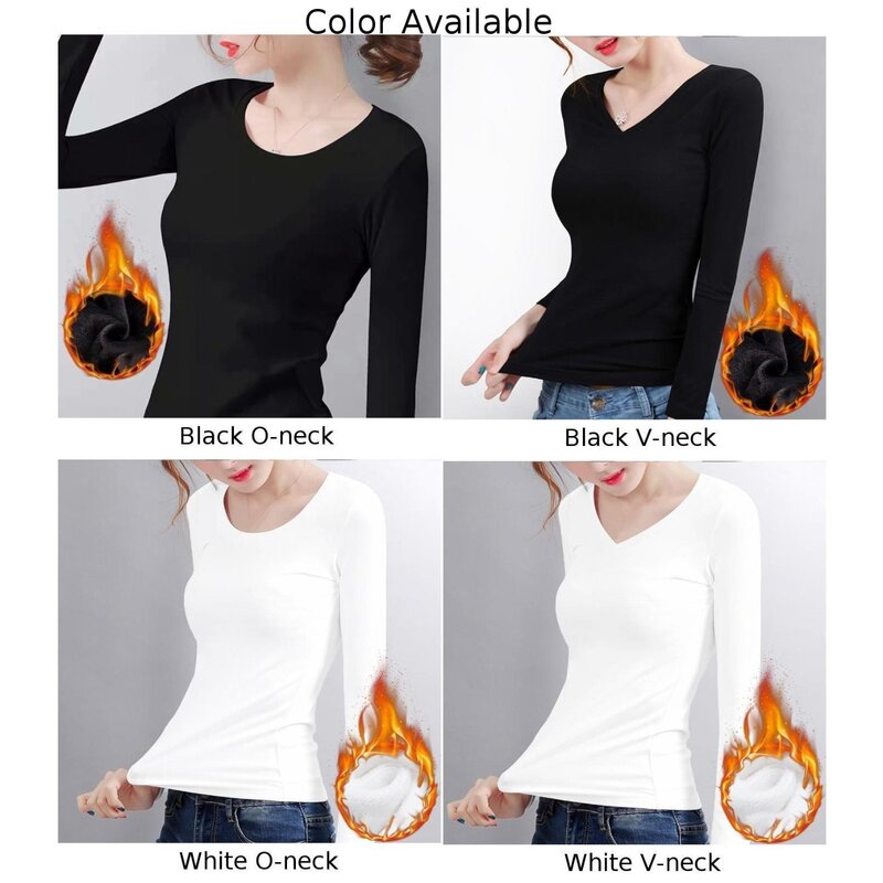 Camisetas térmicas casuais de inverno para mulheres, manga comprida quente, monocromática, camiseta gola redonda, camadas, camisetas suaves, tops