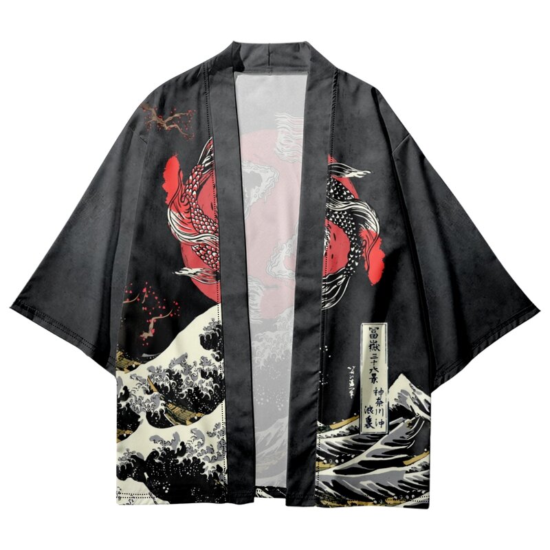 Kimono Streetwear pour Homme et Femme, Cardigan Cosplay Haori, Vêtements de Plage, Imprimé Soleil et Lune, Style Japonais