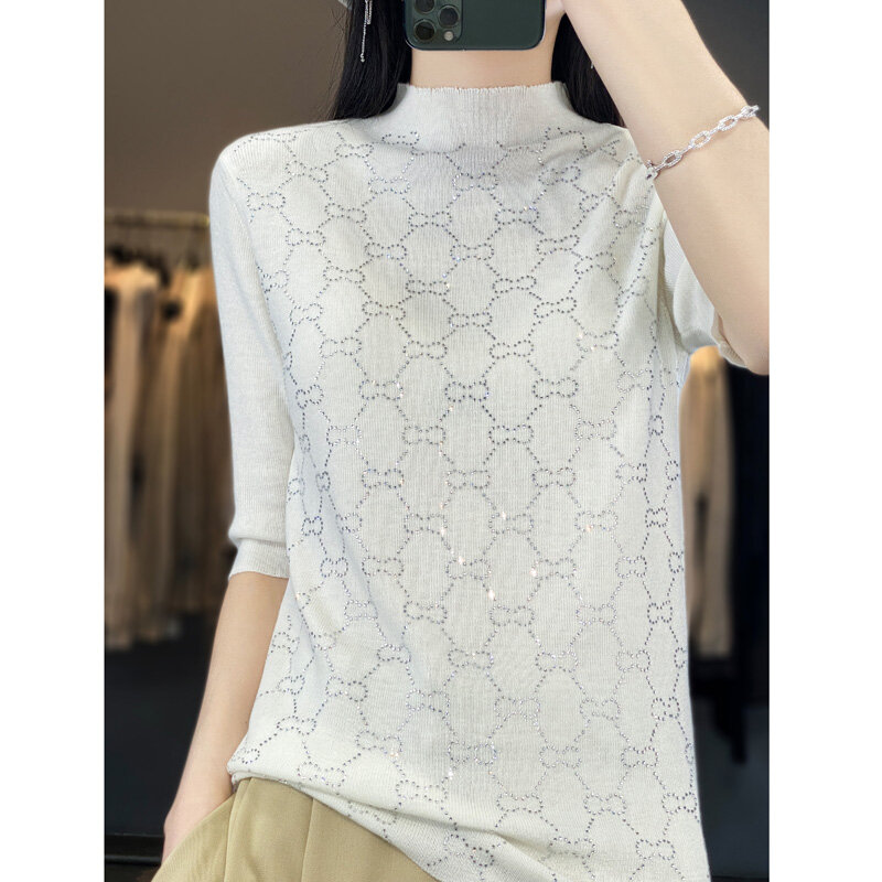 New Semi-high Collar Wool Knitted Short Sleeve Five-point Sleeve Heavy Industry Drilling Letter Slim-fit Bottom Shirt Sweater