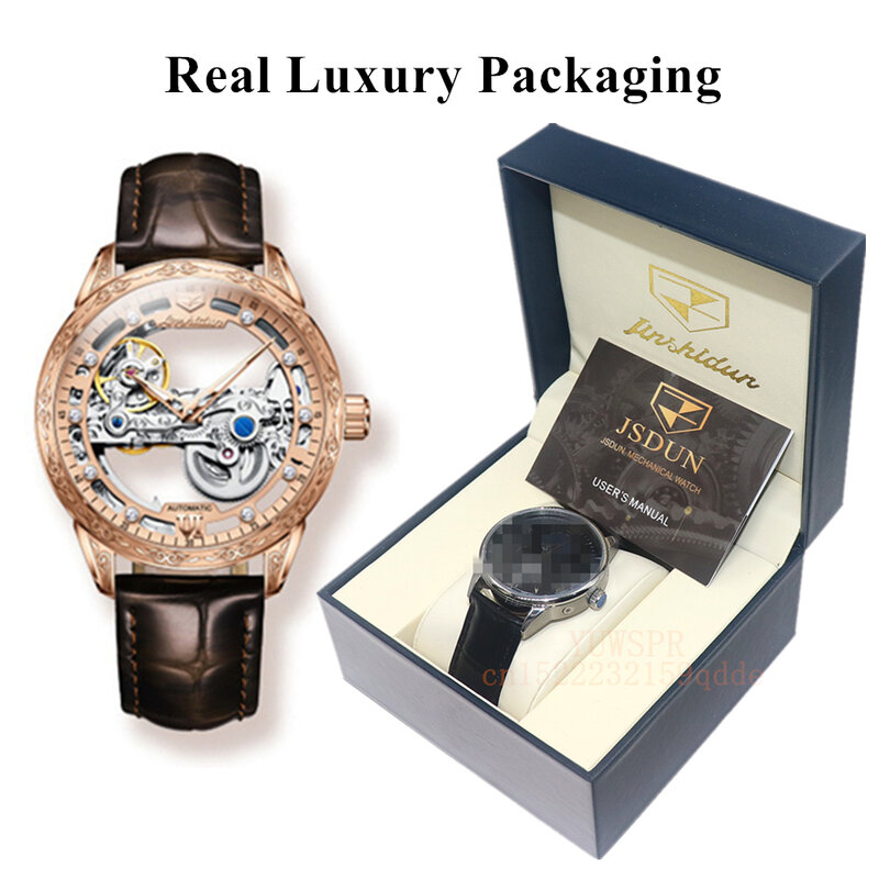 JSDUN Automatic Mechanical Watch for Business Men See-through Skeleton Design Lether Male Waterproof Sapphire Glass Watches 8917